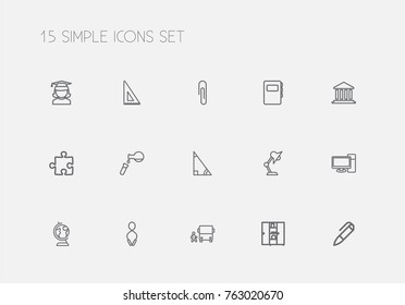 Set Of 15 Editable Education Outline Icons. Includes Symbols Such As Test, Building, Jumping And More. Can Be Used For Web, Mobile, UI And Infographic Design.
