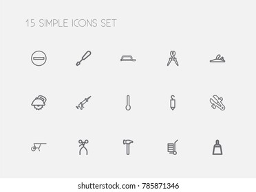 Set of 15 editable equipment icons line style. Includes symbols such as handcart, pliers, plane. Can be used for web, mobile, UI and infographic design.