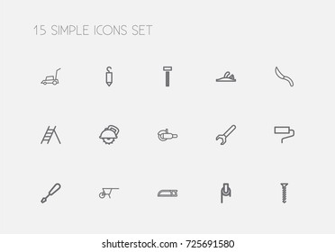 Set Of 15 Editable Equipment Outline Icons. Includes Symbols Such As Hardware, Lawn Mower, Jackknife And More. Can Be Used For Web, Mobile, UI And Infographic Design.