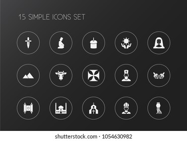 Set of 15 editable faith icons. Includes symbols such as mosque, nun, sun in hand. Can be used for web, mobile, UI and infographic design.