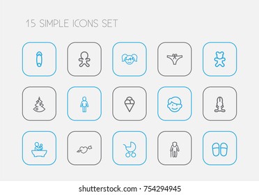 Set Of 15 Editable Family Outline Icons. Includes Symbols Such As Bunny, Daughter, Underwear And More. Can Be Used For Web, Mobile, UI And Infographic Design.