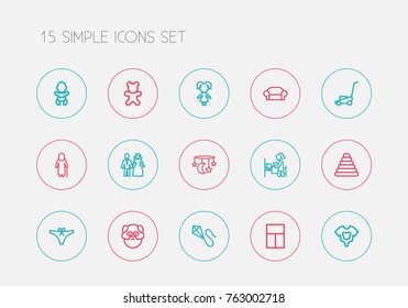 Set Of 15 Editable Family Outline Icons. Includes Symbols Such As Grass Cutting Machine, Canape, Grandfather. Can Be Used For Web, Mobile, UI And Infographic Design.