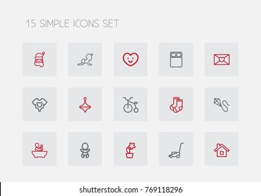 Set Of 15 Editable Family Outline Icons. Includes Symbols Such As Velocipede, Dress, Infant And More. Can Be Used For Web, Mobile, UI And Infographic Design.
