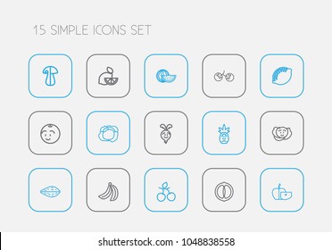 Set of 15 editable food icons line style. Includes symbols such as lime, tropical fruit, cabbage and more. Can be used for web, mobile, UI and infographic design.