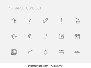 Set Of 15 Editable Food Outline Icons. Includes Symbols Such As Salt, Silverware, Tablespoon And More. Can Be Used For Web, Mobile, UI And Infographic Design.