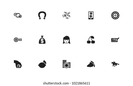 Set of 15 editable gambling icons. Includes symbols such as coins, wager, grape and more. Can be used for web, mobile, UI and infographic design.
