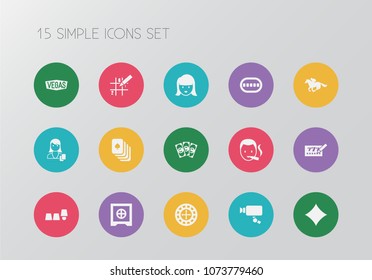 Set of 15 editable gambling icons. Includes symbols such as thimbles game, casino dealer, poker deck and more. Can be used for web, mobile, UI and infographic design.