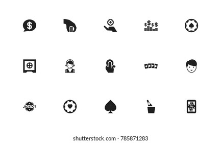 Set of 15 editable gambling icons. Includes symbols such as spades, jack card, hotline and more. Can be used for web, mobile, UI and infographic design.