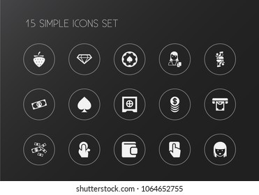 Set of 15 editable game icons. Includes symbols such as berry, brilliant, pressing button and more. Can be used for web, mobile, UI and infographic design.