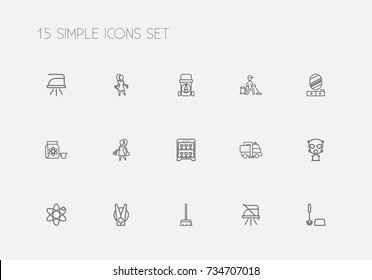 Set Of 15 Editable Hygiene Outline Icons. Includes Symbols Such As Industrial, Beauty, Besom And More. Can Be Used For Web, Mobile, UI And Infographic Design.
