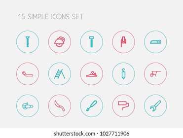 Set of 15 editable instrument icons line style. Includes symbols such as bolt, hardware, hook and more. Can be used for web, mobile, UI and infographic design.