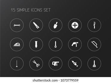 Set of 15 editable instrument icons. Includes symbols such as screwdriver, tool, pipe wrench and more. Can be used for web, mobile, UI and infographic design.