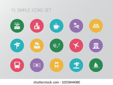 Set of 15 editable journey icons. Includes symbols such as 3 star hotel, dollar, tea cup and more. Can be used for web, mobile, UI and infographic design.