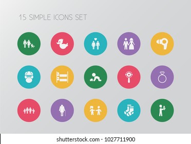 Set of 15 editable kin icons. Includes symbols such as lineage, wedding couple, pair of socks and more. Can be used for web, mobile, UI and infographic design.