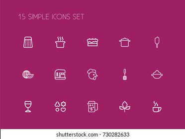 Set Of 15 Editable Meal Outline Icons. Includes Symbols Such As Cake, Melon Slice, Cookie And More. Can Be Used For Web, Mobile, UI And Infographic Design.