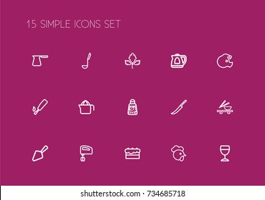 Set Of 15 Editable Meal Outline Icons. Includes Symbols Such As Cock, Noodles Bowl, Juicer And More. Can Be Used For Web, Mobile, UI And Infographic Design.