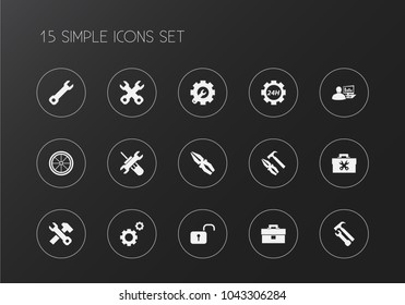Set of 15 editable mechanic icons. Includes symbols such as toolbox, gears, 24 hour service and more. Can be used for web, mobile, UI and infographic design.