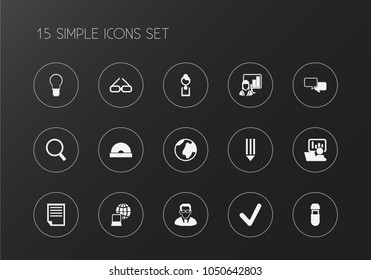 Set of 15 editable office icons. Includes symbols such as eyeglasses, bulb, globe and more. Can be used for web, mobile, UI and infographic design.