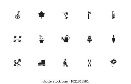 Set of 15 editable planting icons. Includes symbols such as thermometer, ax, grains and more. Can be used for web, mobile, UI and infographic design.