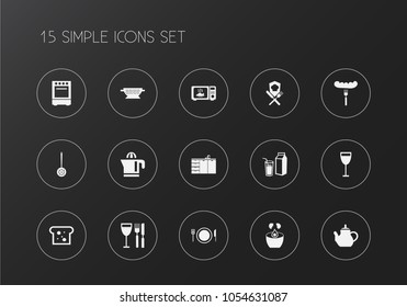 Set of 15 editable restaurant icons. Includes symbols such as squeezer, meal, milk and more. Can be used for web, mobile, UI and infographic design.