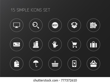 Set of 15 editable shopping icons. Includes symbols such as box clear, till, giftbox and more. Can be used for web, mobile, UI and infographic design.