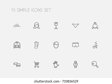 Set Of 15 Editable Shopping Outline Icons. Includes Symbols Such As Broken Glass, Woman Face, Shorts And More. Can Be Used For Web, Mobile, UI And Infographic Design.