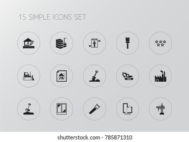 Set of 15 editable structure icons. Includes symbols such as brush, house planning, spade and more. Can be used for web, mobile, UI and infographic design.