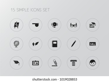 Set of 15 editable teach icons. Includes symbols such as lesson, flipchart, student and more. Can be used for web, mobile, UI and infographic design.