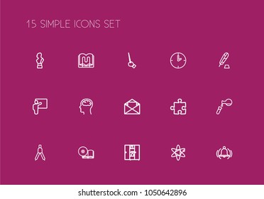 Set of 15 editable teach icons line style. Includes symbols such as compass, compact disk, clock and more. Can be used for web, mobile, UI and infographic design.