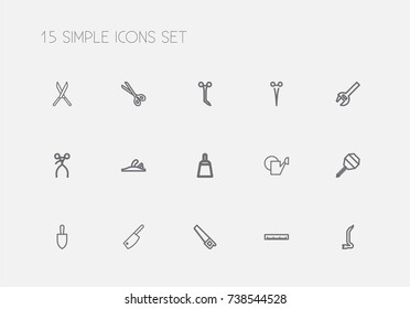 Set Of 15 Editable Tools Outline Icons. Includes Symbols Such As Saw, Jimmy, Measure And More. Can Be Used For Web, Mobile, UI And Infographic Design.