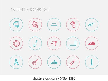 Set Of 15 Editable Tools Outline Icons. Includes Symbols Such As Handcart, Harrow, Fire Safety. Can Be Used For Web, Mobile, UI And Infographic Design.