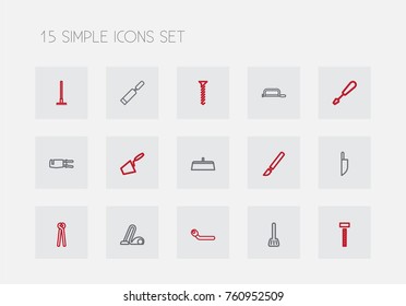 Set Of 15 Editable Tools Outline Icons. Includes Symbols Such As Putty Knife, Knife, Sweeper And More. Can Be Used For Web, Mobile, UI And Infographic Design.