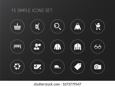 Set of 15 editable trade icons. Includes symbols such as cardigan, hand cart, search. Can be used for web, mobile, UI and infographic design.