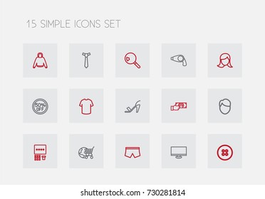 Set Of 15 Editable Trade Outline Icons. Includes Symbols Such As Tie, Hairdryer, Men Face And More. Can Be Used For Web, Mobile, UI And Infographic Design.