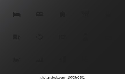 Set of 15 editable travel icons. Includes symbols such as open, bedroom, fitness and more. Can be used for web, mobile, UI and infographic design.