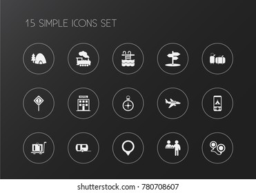 Set of 15 editable travel icons. Includes symbols such as luggage, reception desk, swimming pool and more. Can be used for web, mobile, UI and infographic design.