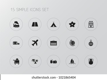 Set of 15 editable trip icons. Includes symbols such as aviation, cloche, world travel and more. Can be used for web, mobile, UI and infographic design.