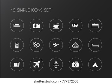 Set of 15 editable trip icons. Includes symbols such as tea, aircraft, luggage and more. Can be used for web, mobile, UI and infographic design.