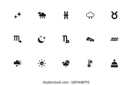 Set of 15 editable weather icons. Includes symbols such as pisces, hail, temperature and more. Can be used for web, mobile, UI and infographic design.