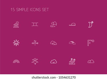 Set of 15 editable weather icons line style. Includes symbols such as weather after rain, aries, frosty and more. Can be used for web, mobile, UI and infographic design.