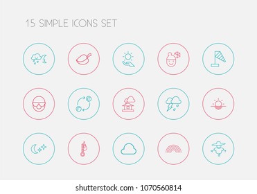 Set of 15 editable weather icons line style. Includes symbols such as thermometer, spectacles, overcast and more. Can be used for web, mobile, UI and infographic design.