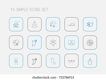 Set Of 15 Editable Weather Outline Icons. Includes Symbols Such As Crescent With Star, Eyeglasses, Snow Person And More. Can Be Used For Web, Mobile, UI And Infographic Design.