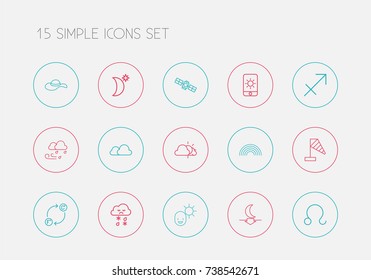 Set Of 15 Editable Weather Outline Icons. Includes Symbols Such As Archer, Lunar, Rainbow And More. Can Be Used For Web, Mobile, UI And Infographic Design.
