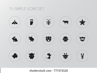 Set of 15 editable zoo icons. Includes symbols such as gorilla, piggy, insect and more. Can be used for web, mobile, UI and infographic design.