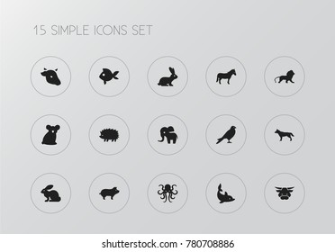 Set of 15 editable zoo icons. Includes symbols such as bull, cow, rabbit and more. Can be used for web, mobile, UI and infographic design.