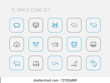 Set Of 15 Editable Zoology Outline Icons. Includes Symbols Such As Panda, Kitty, Dromedary. Can Be Used For Web, Mobile, UI And Infographic Design.