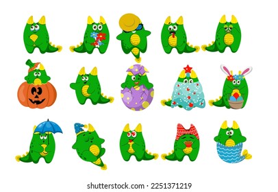 
Set of 15 emotion dragons. Clipart, isolate on a white background. Cute dragons, different emotions. Vector illustration.