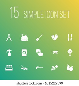 Set of 15 farm icons set. Collection of fruit tree, harvest, spade and other elements.