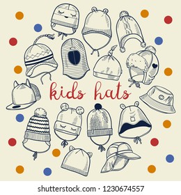 Set of 15 fashion kids caps and hats sketches: knitted hats, hats with a pompom, snap-back cap, beanies with laces, helmet hat, panama etc. Vector ink hand drawn colored illustration