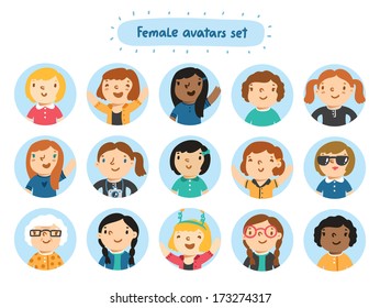 Set of 15 female characters avatars